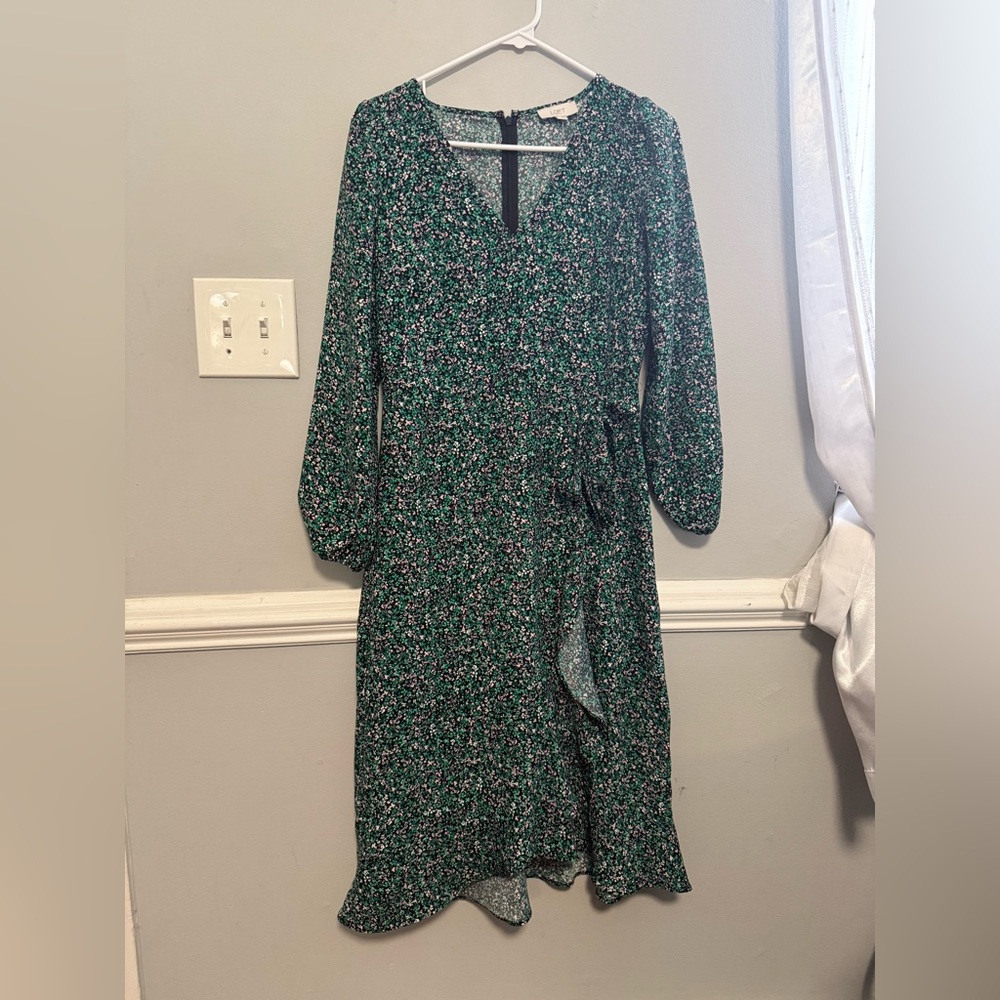 LOFT Green Floral Long Sleeve Dress